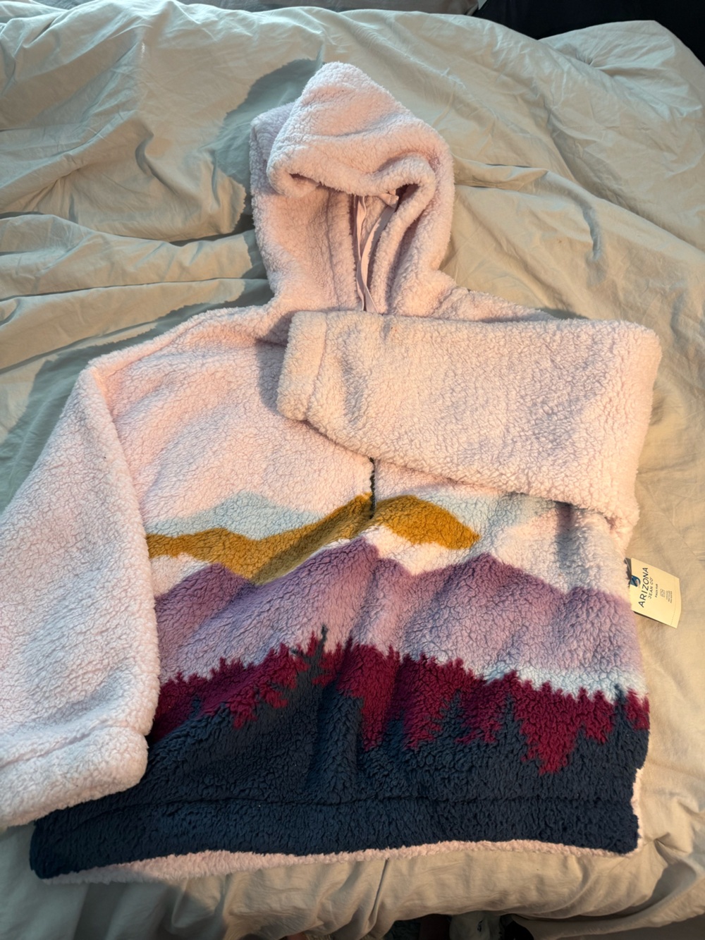Arizona Jean Company Pink Sherpa Hoodie with Mountain Stripe